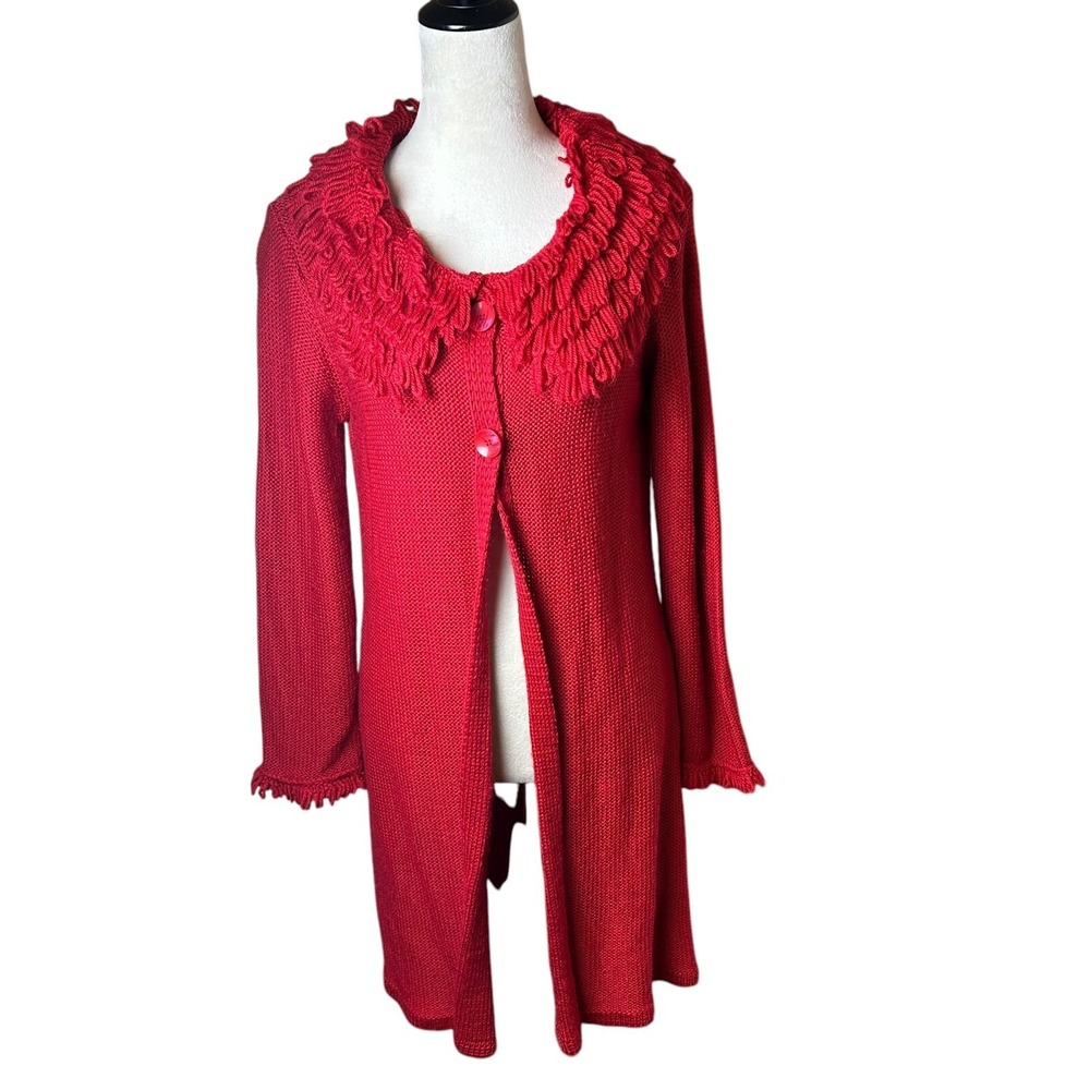 Madison Red Wool Blend Long Knit Cardigan Sweater Jacket‎ L | Fuzzy Collar Y2K